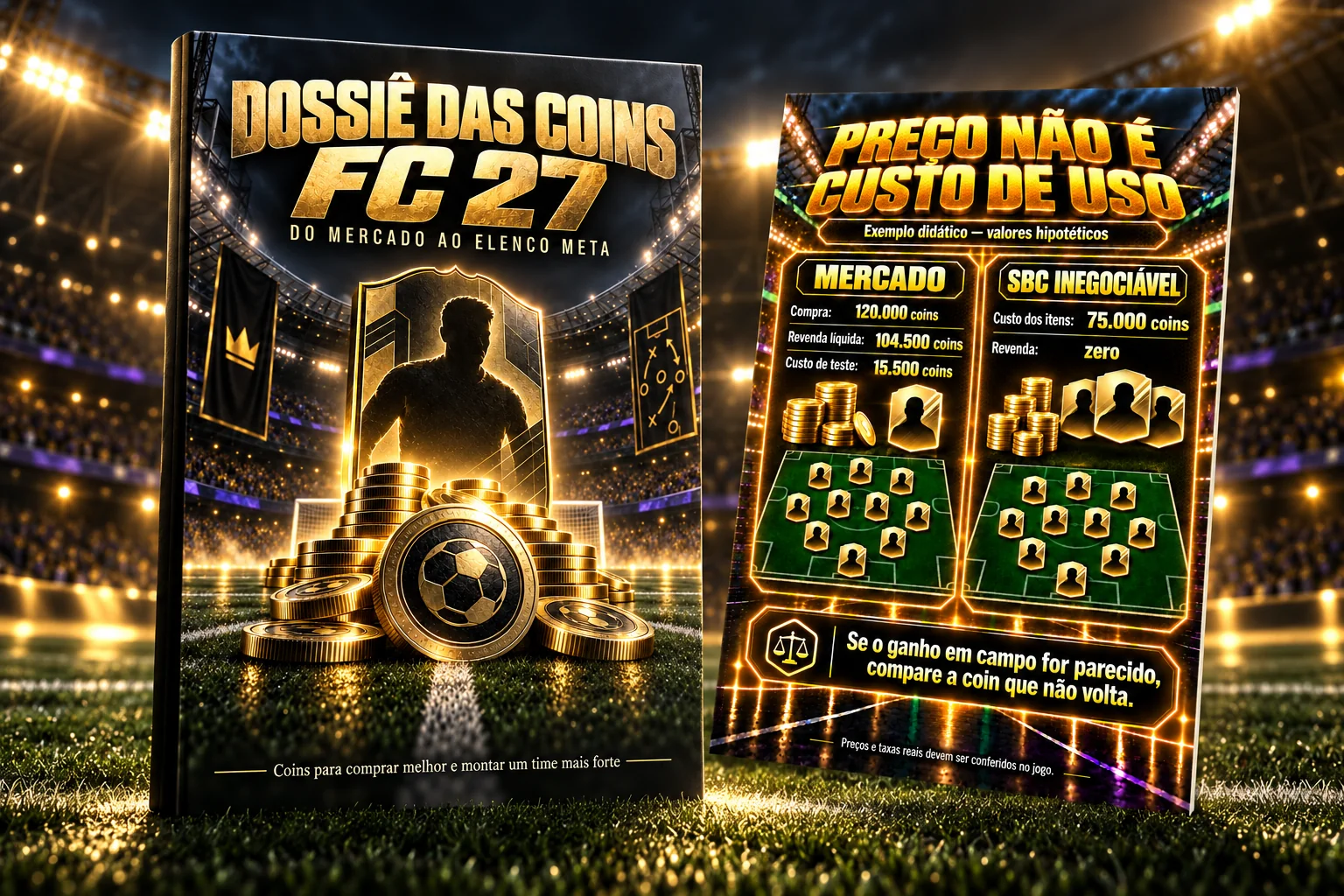 Nova capa do Dossiê das Coins FC 27 ao lado de uma página real sobre o custo de conseguir jogadores