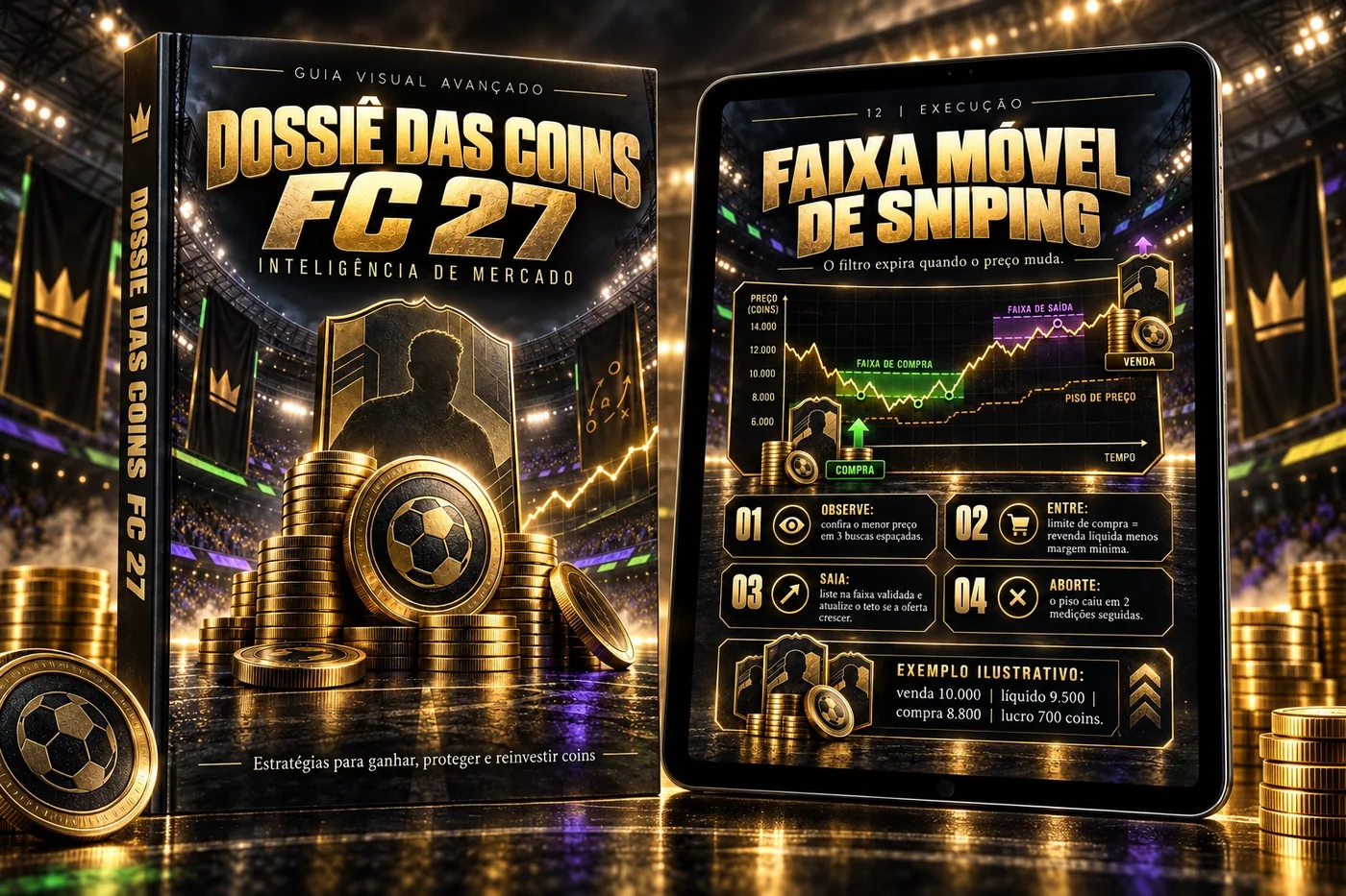 Capa do Dossiê das Coins FC 27 ao lado de uma página real sobre faixa móvel de sniping